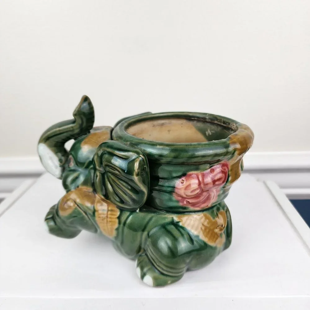 Green Majolica Elephant Planter Trunk Up